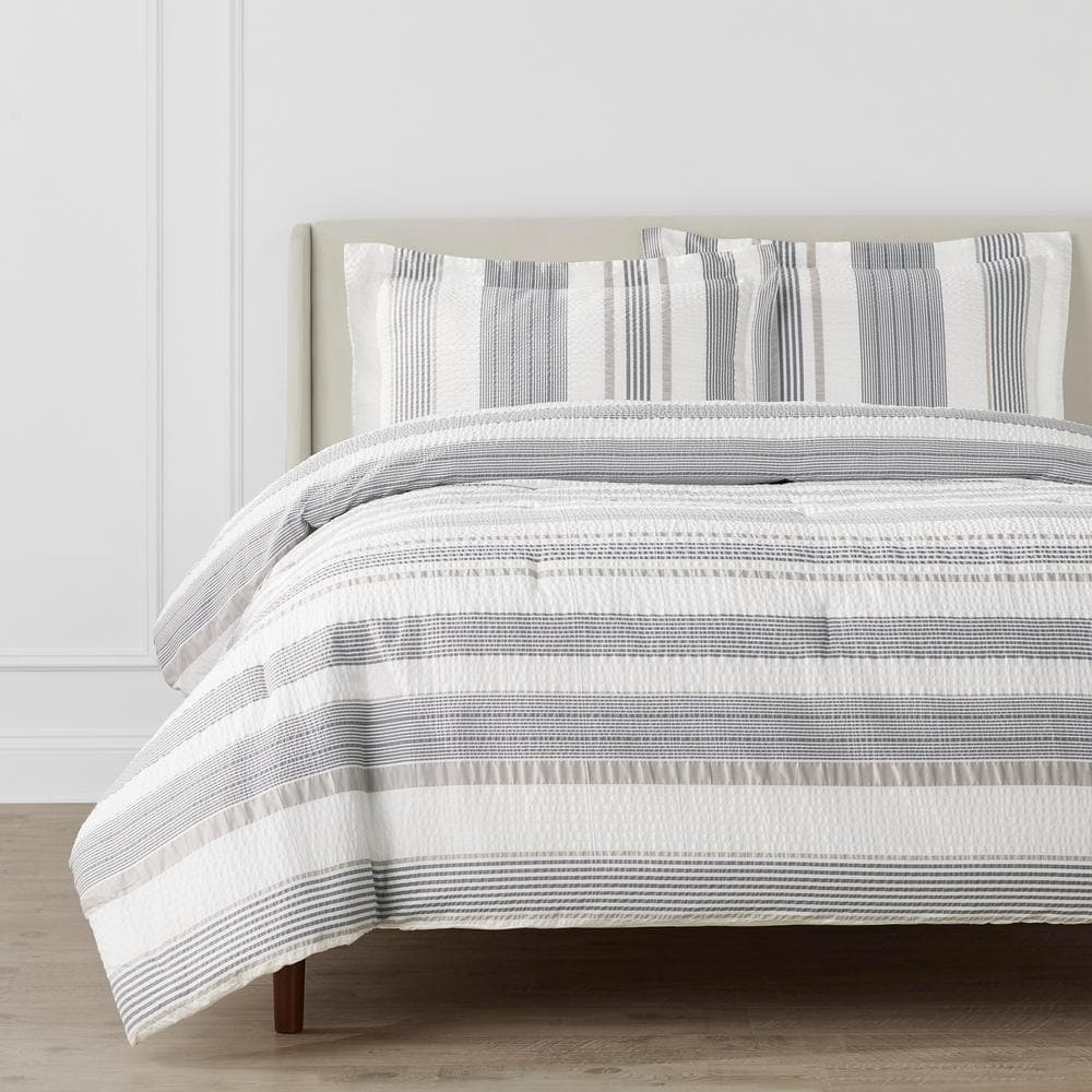 Arden 3-Piece White and Gray Textured Stripe Full/Queen Comforter Set