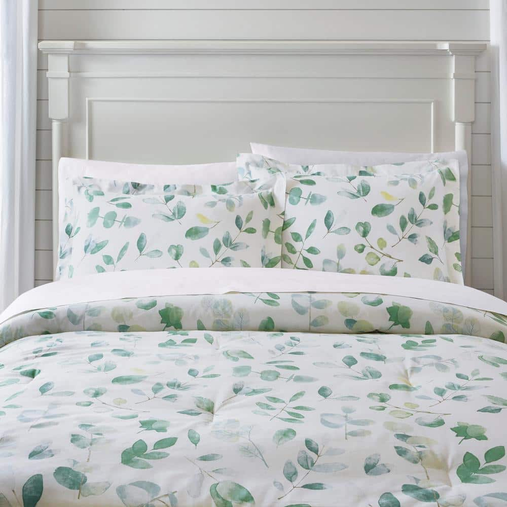 Viola 3-Piece Green and White Watercolor Botanical Cotton King Comforter Set