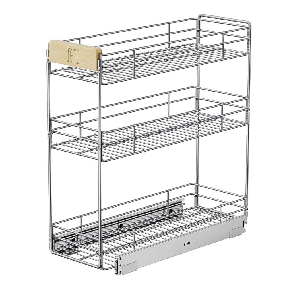 8? in. W x 21 in. D Pull Out Organizer Rack with Wooden Handle for Narrow Cabinet