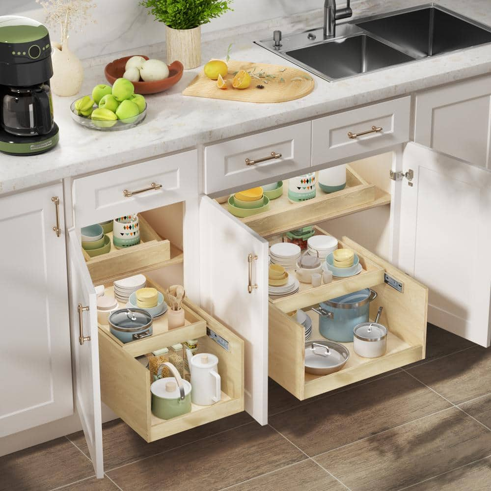 22.5 in. W Adjustable Wood Under Sink Caddy Slide-Out Shelf with Soft Close