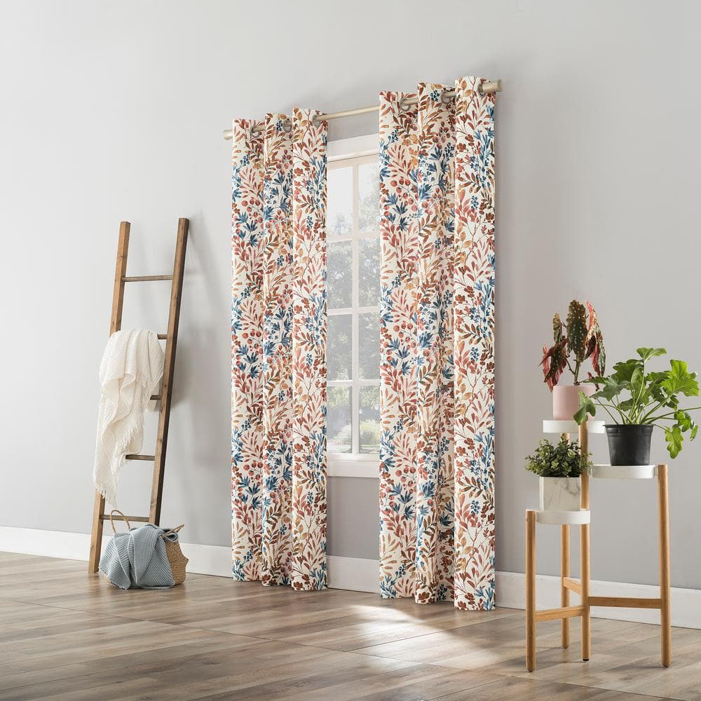 Amelie Botanical Print Indigo Blue Polyester 48 in. W x 84 in. L Grommet Room Darkening Curtain (Single Panel)