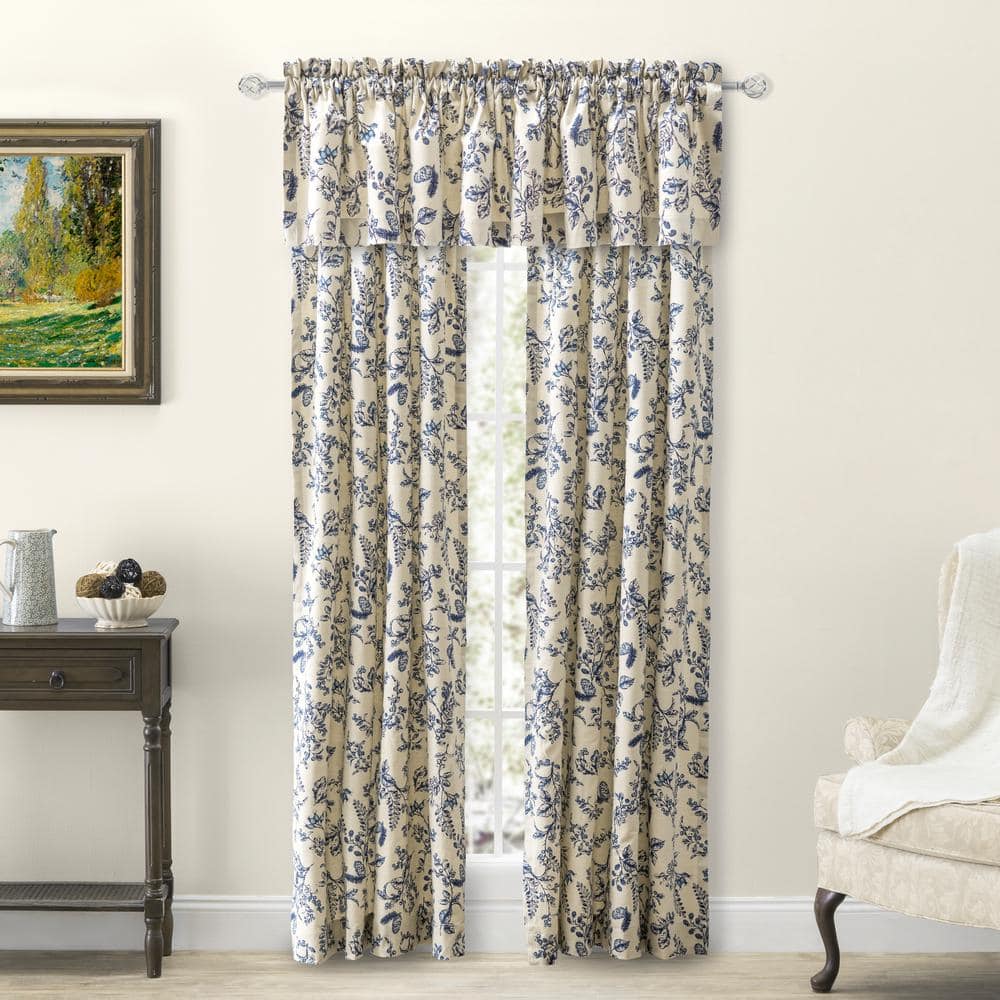 Waverly Gardens 42 in. W x 72 in. L Toile Rod Pocket Room Darkening Curtain Panel in Indigo (Set of 2)