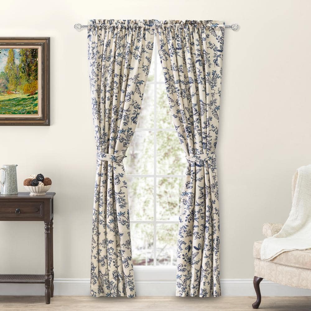 Waverly Gardens 42 in. W x 72 in. L Toile Rod Pocket Room Darkening Curtain Panel in Indigo (Set of 2)