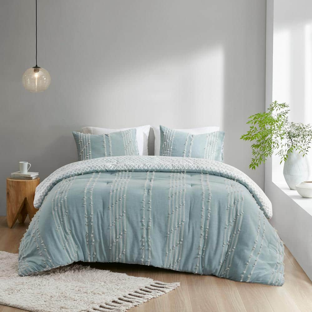 Kara 3-Piece Aqua King/Cal King Cotton Jacquard Comforter Mini Set