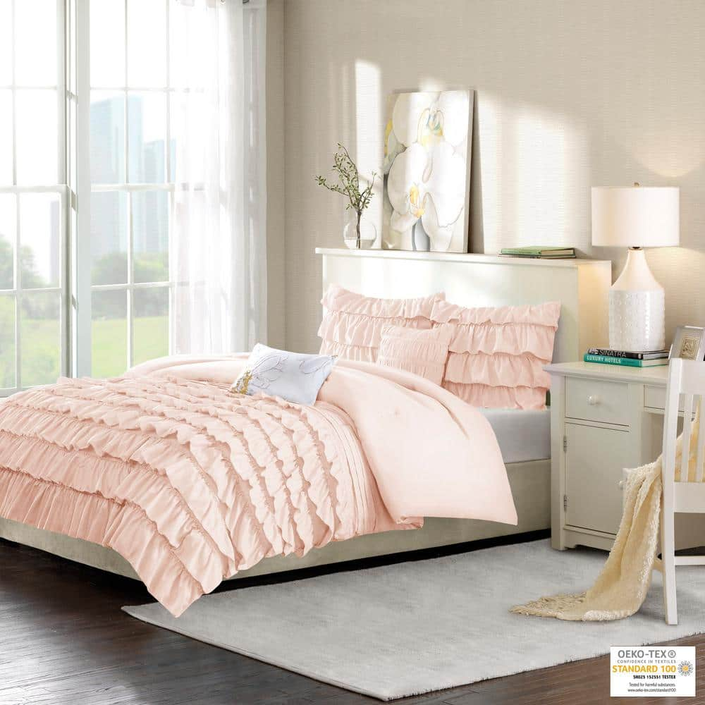 Demi 4-Piece Blush Microfiber Twin/Twin XL Waterfall Ruffle Comforter Set