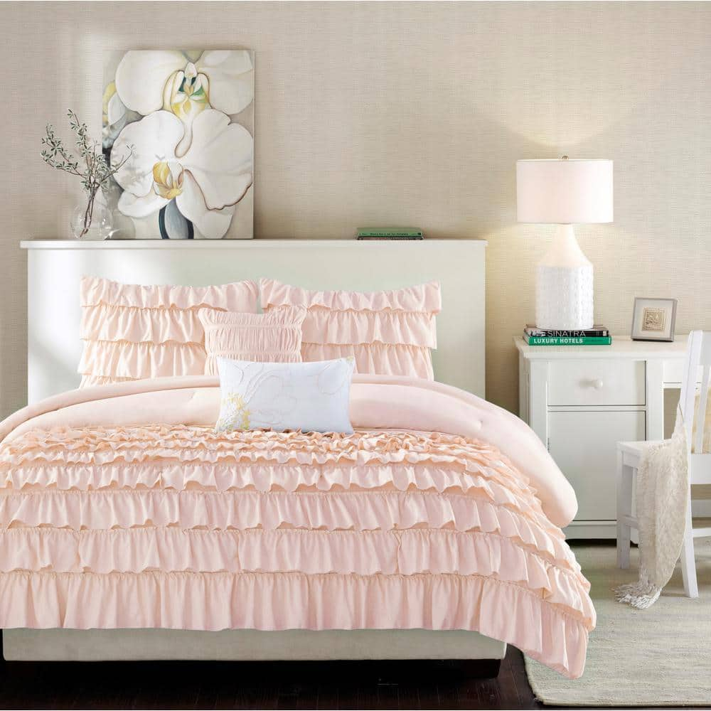 Demi 4-Piece Blush Microfiber Twin/Twin XL Waterfall Ruffle Comforter Set