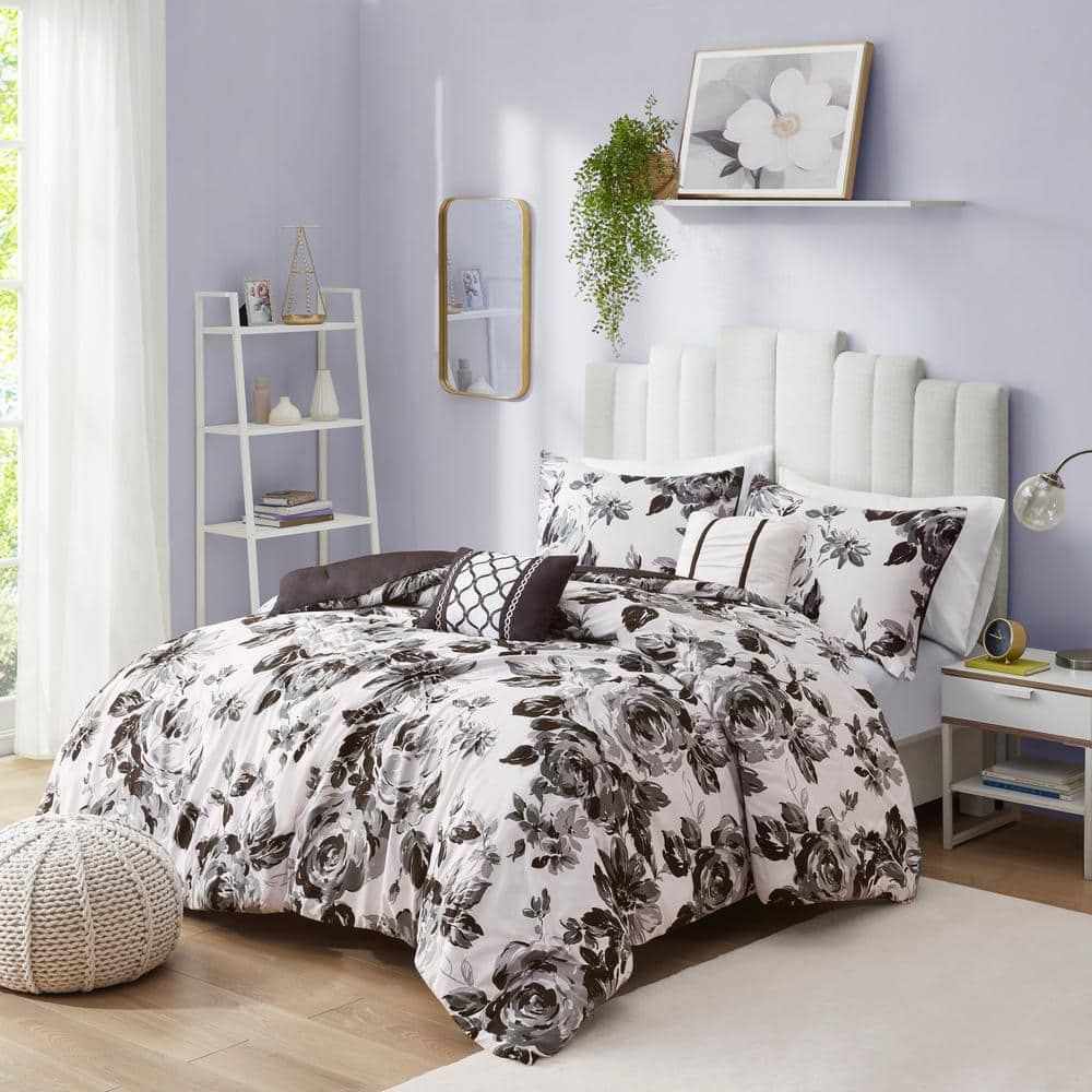 Renee 5-Piece Black/White Full/Queen Floral Print Comforter Set