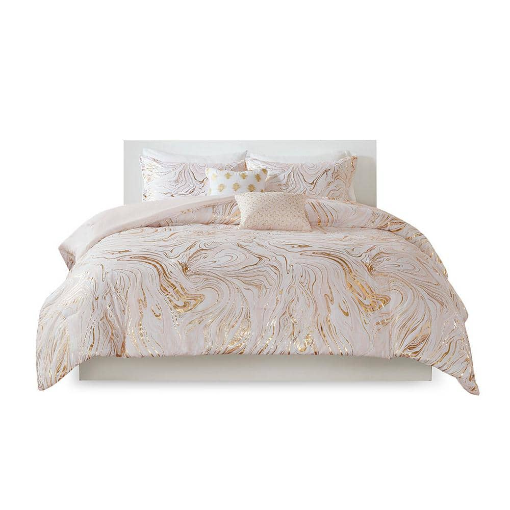 Natalia 5-Piece Blush/Gold King/Cal King Metallic Printed Comforter Set