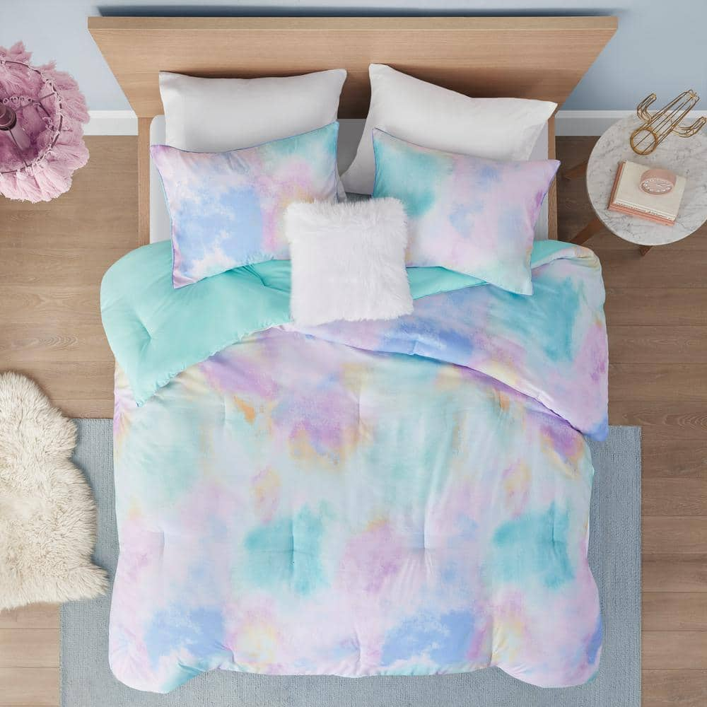 Karissa 4-Piece Aqua Full/Queen Microfiber Watercolor Tie Dye Printed Comforter Set with Throw Pillow