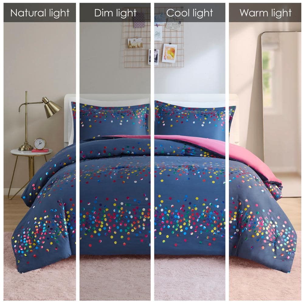 Cora Polyester 3-Pcs Navy Full/Queen Rainbow Iridescent Metallic Dot Comforter Set