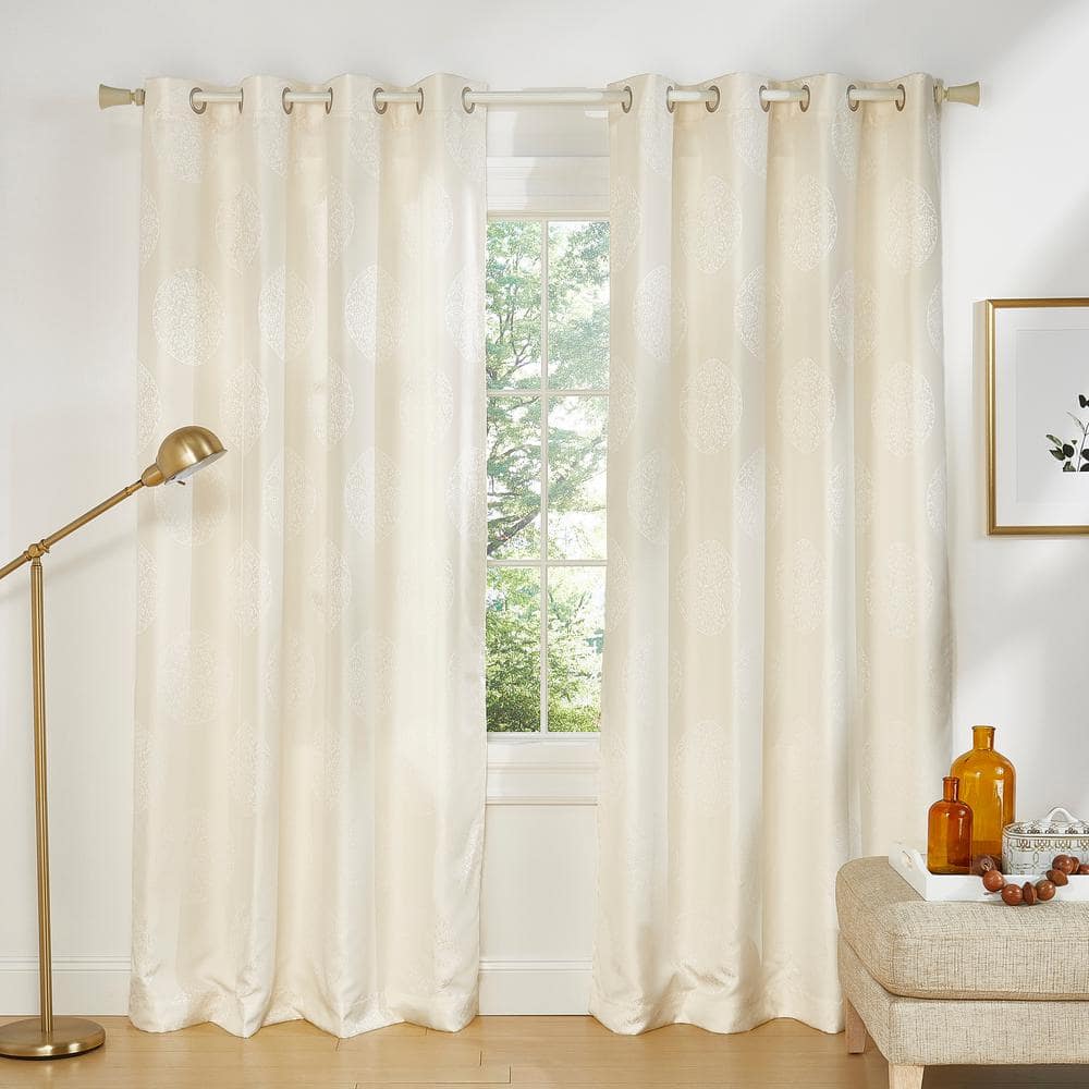 Akola Ivory Medallion Light FIltering 54 in. x 96 in. Grommet Top Curtain Panel (Set of 2)