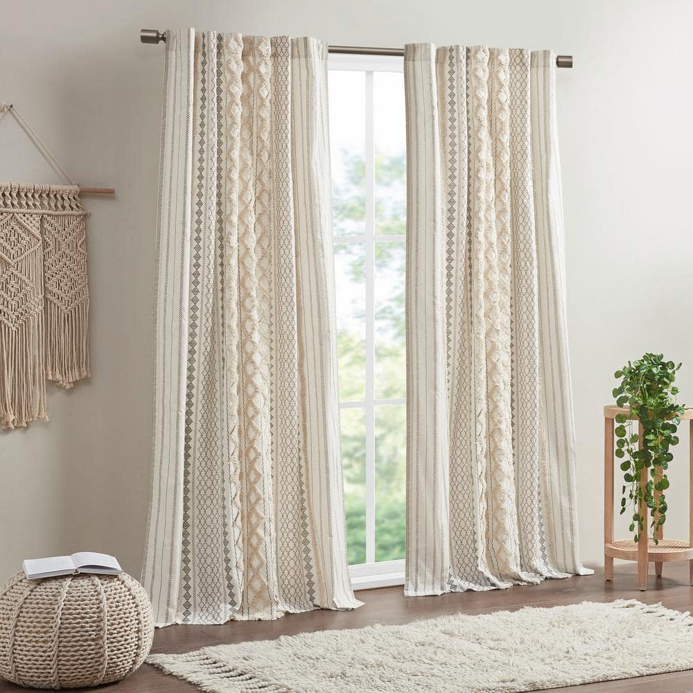 Imani Ivory 50 in. W x 84 in. L Cotton Printed Window Curtain with Chenille Stripe and Lining