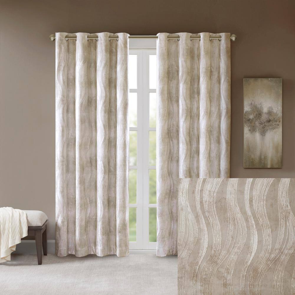 Alastair Ivory Printed Jacquard 50 in. W x 95 in. L Blackout Grommet Top Curtain