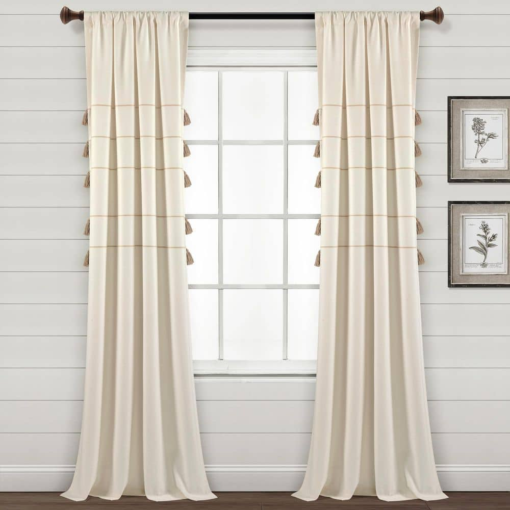 Farmhouse Boho 42 in. W x 84 in. L Stripe Woven Tassel Recycled Cotton Window Curtain Panels in Ivory/Wheat Set