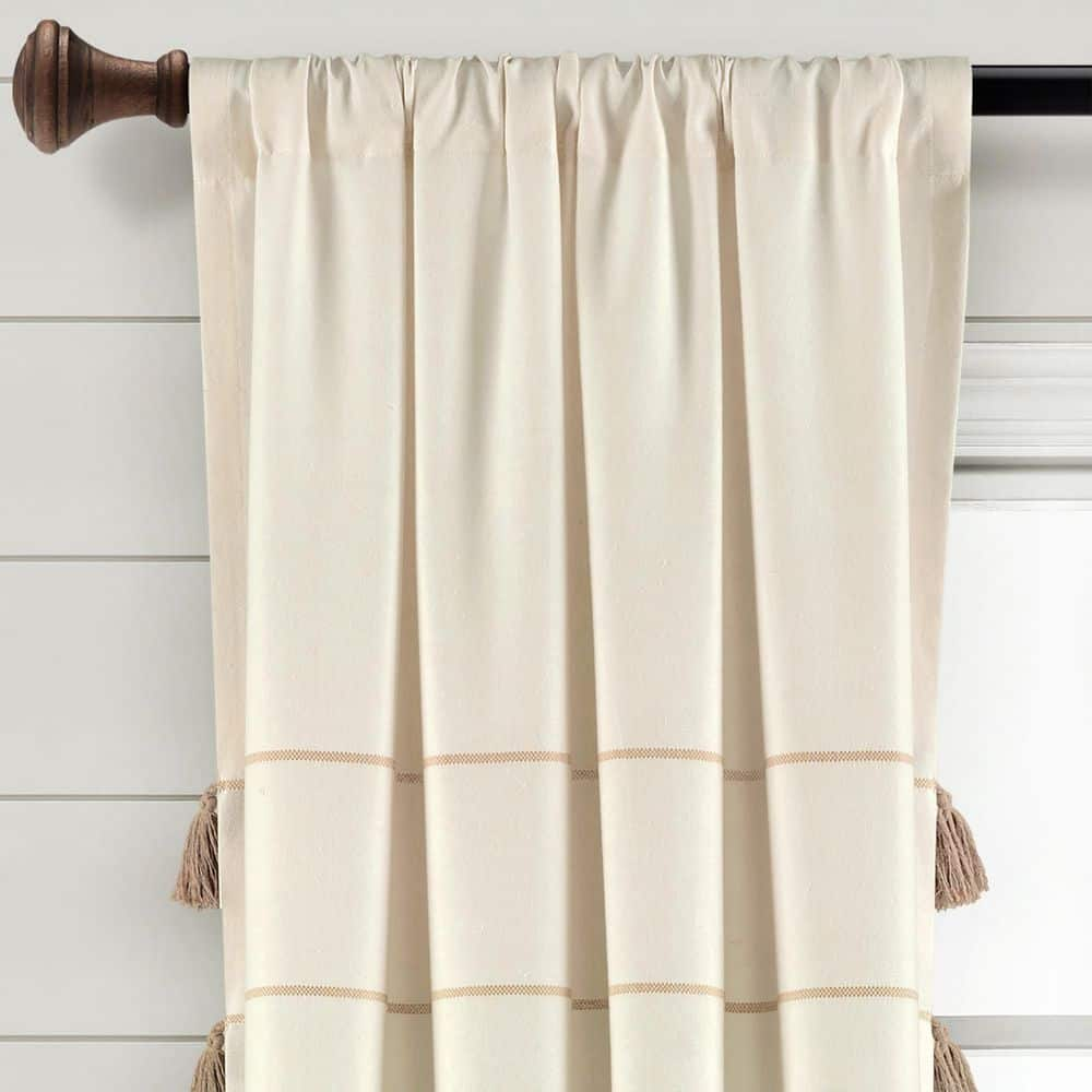 Farmhouse Boho 42 in. W x 84 in. L Stripe Woven Tassel Recycled Cotton Window Curtain Panels in Ivory/Wheat Set