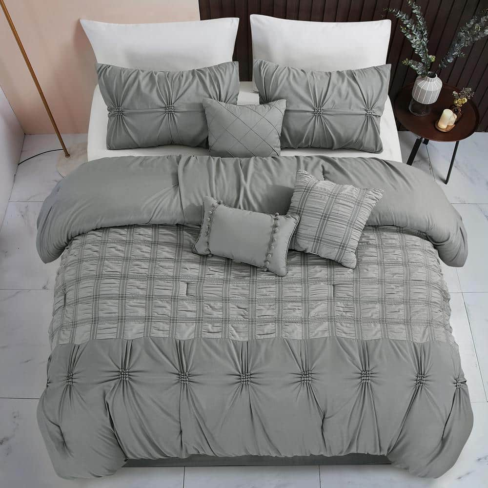 7-Piece Gray Microfiber Seersucker Queen Comforter Set