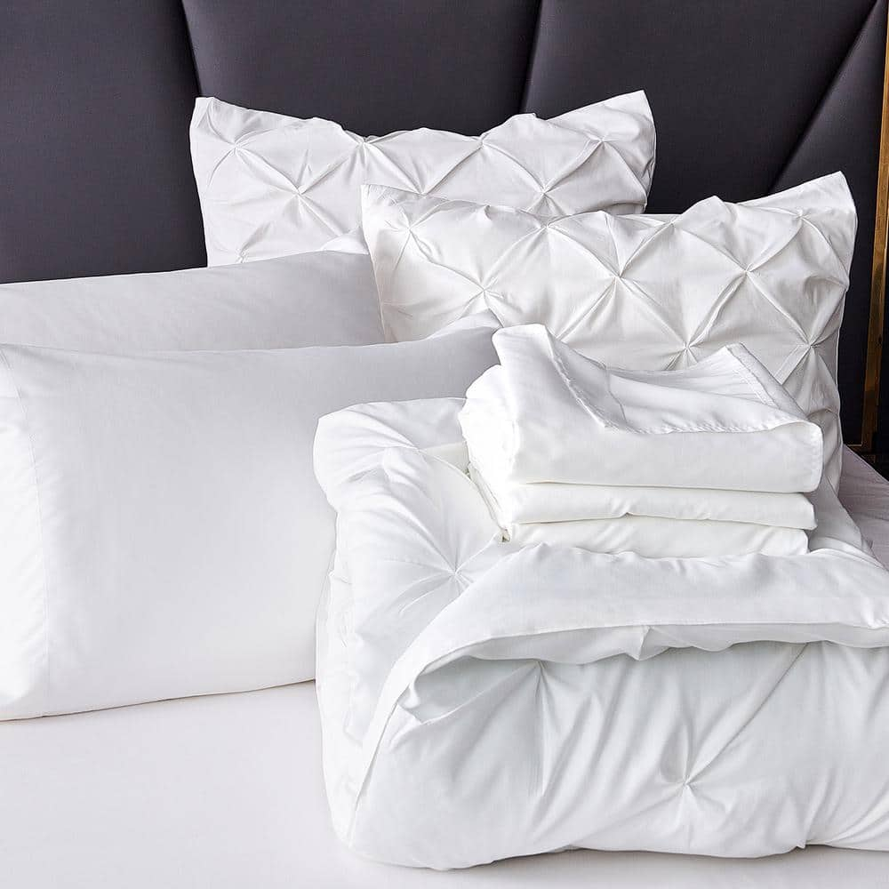 8-Piece White Microfiber Pintuck King Comforter Set