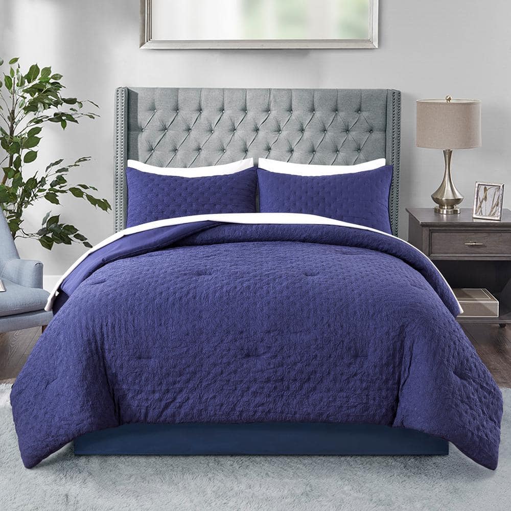 3-Piece Navy Quilted Creased Mincofiber Queen Size Comforter Set