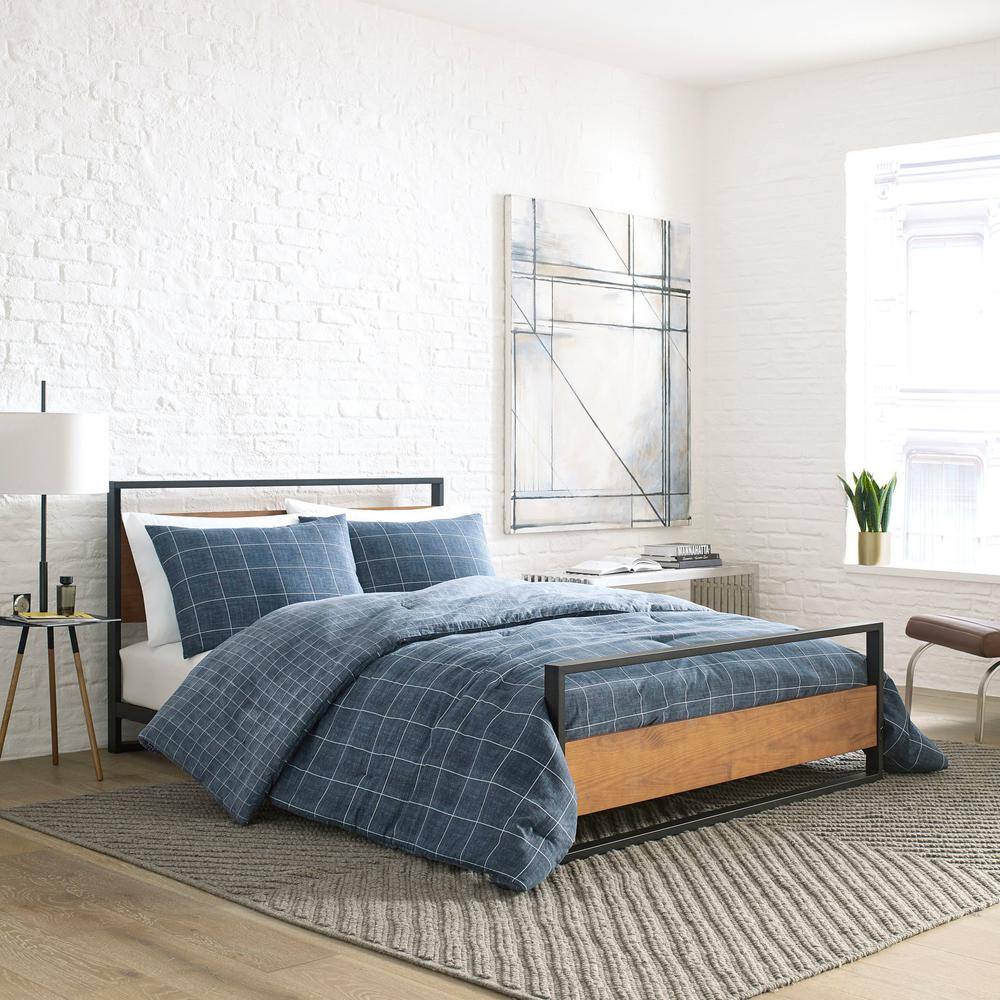 Holden Grid 3-Piece Blue Plaid Cotton Full/Queen Comforter Set