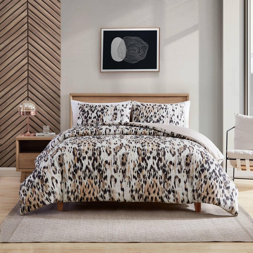 Abstract Leopard 3-Piece Brown Cotton Full/Queen Comforter Set