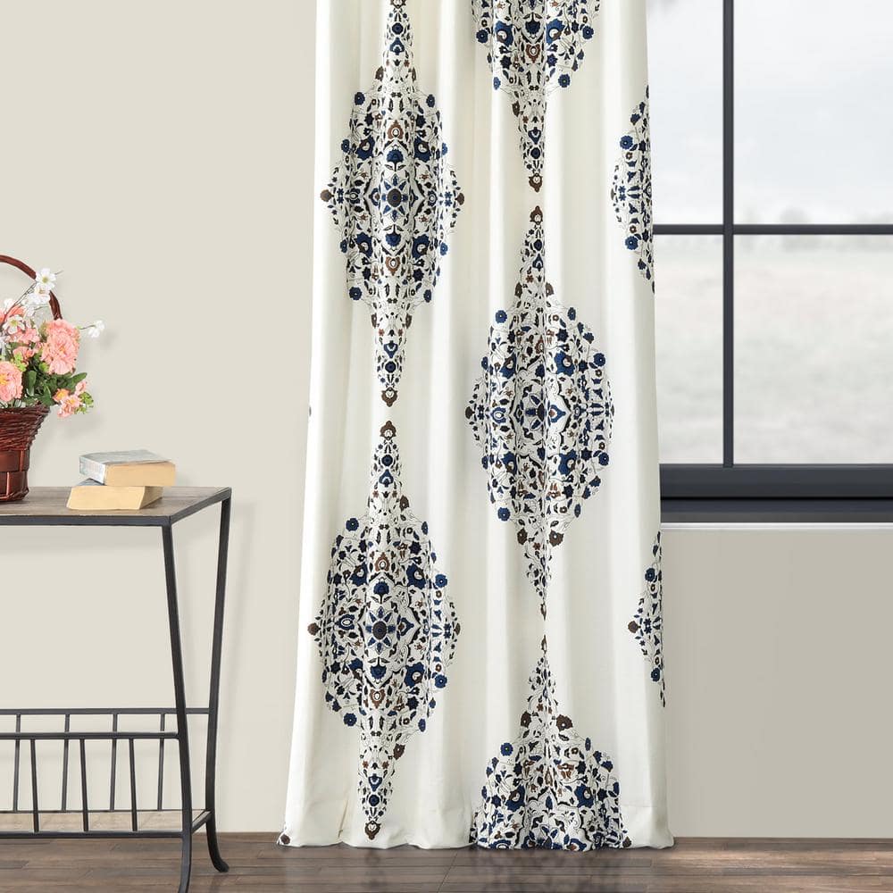 Kerala Blue Printed Room Darkening Curtain – 50 in. W x 84 in. L Rod Pocket with Back Tab Single Window Panel