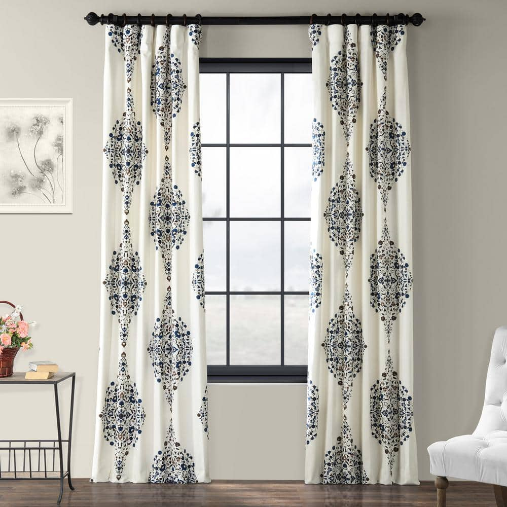 Kerala Blue Printed Room Darkening Curtain – 50 in. W x 84 in. L Rod Pocket with Back Tab Single Window Panel