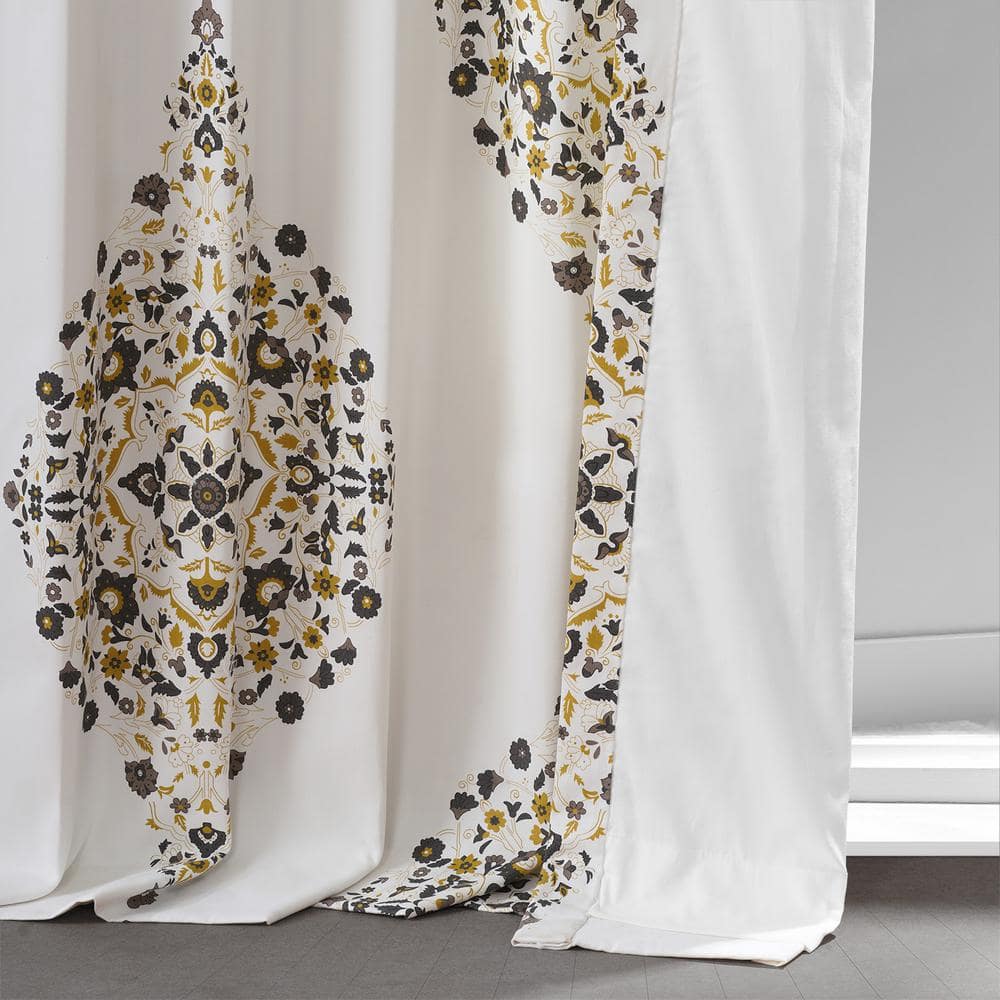 Kerala Gold Printed Room Darkening Curtain – 50 in. W x 84 in. L Rod Pocket with Back Tab Single Window Panel