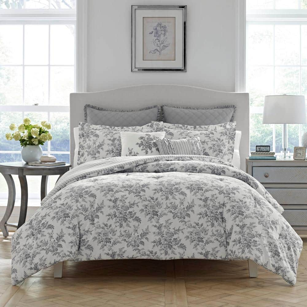 Annalise 3-Piece Gray Floral Cotton King Comforter Set