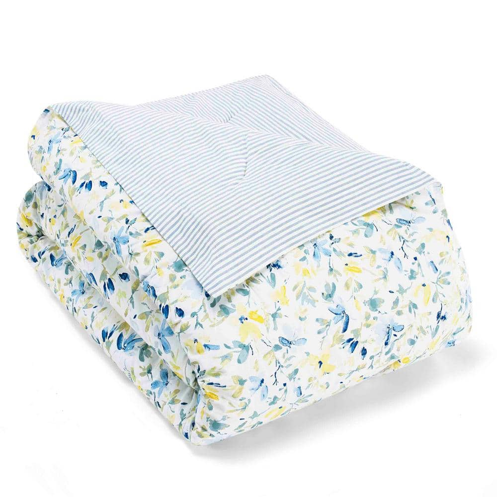 Nora 7-Piece Bright Blue Floral Cotton Full/Queen Bonus Comforter Set