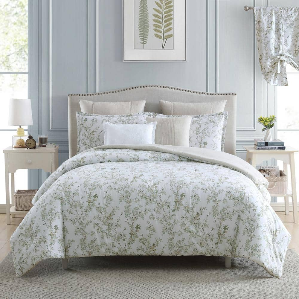 Lindy 7-Piece Green Floral Cotton King Comforter Set