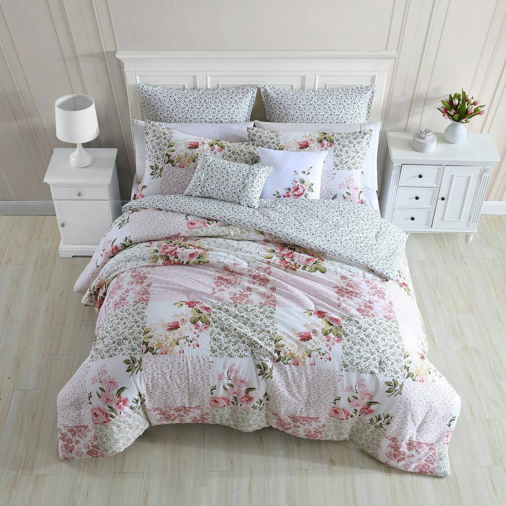 Ailyn 7-Piece Red Floral Cotton Full/Queen Comforter Bonus Set