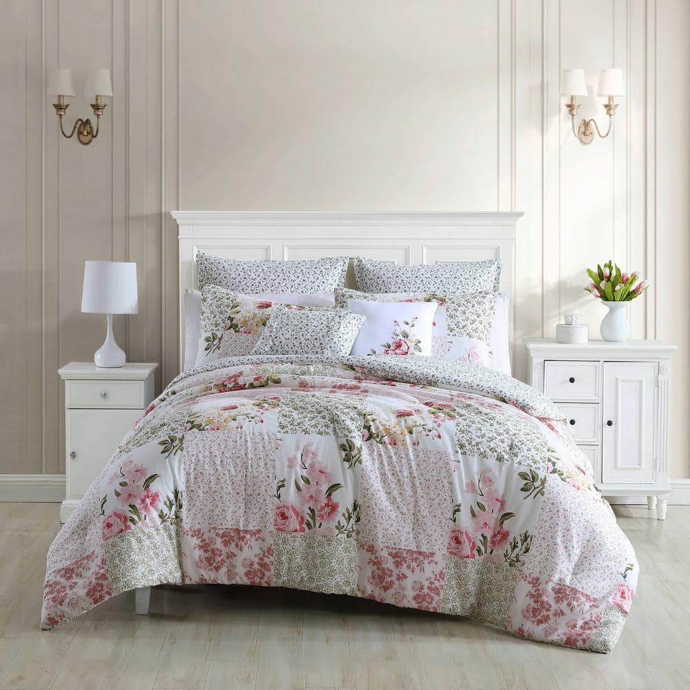 Ailyn 7-Piece Red Floral Cotton Full/Queen Comforter Bonus Set