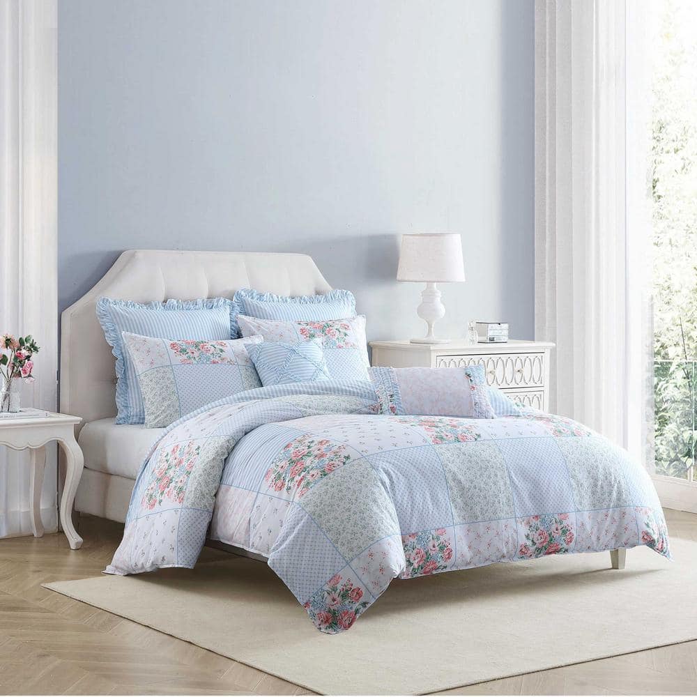 Hope Patchwork 7-Piece Pink/Green/Blue 100% Cotton Full/Queen Bonus Comforter Set