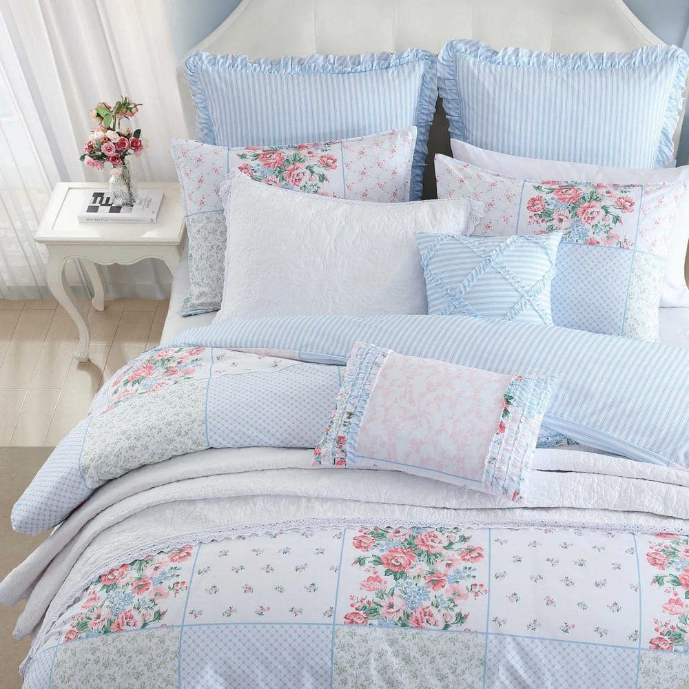 Hope Patchwork 7-Piece Pink/Green/Blue 100% Cotton Full/Queen Bonus Comforter Set