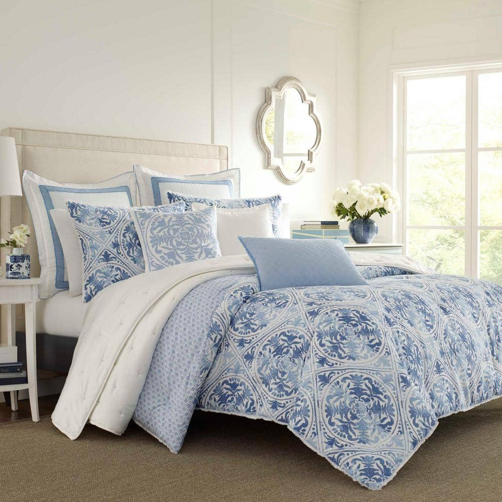 Mila 3-Piece Blue Floral Cotton King Comforter Set