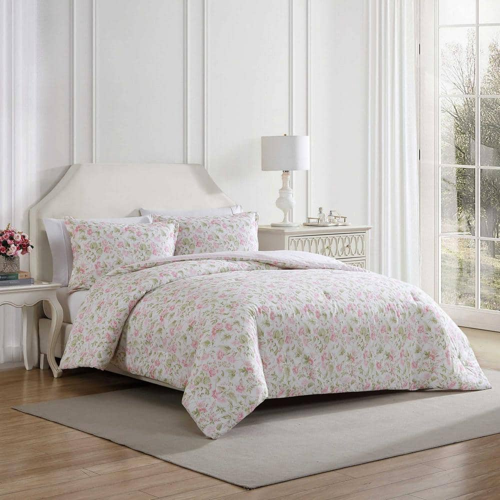 Morning Gloria 3-Piece Pretty Pink/Green 100% Cotton Full/Queen Comforter Set