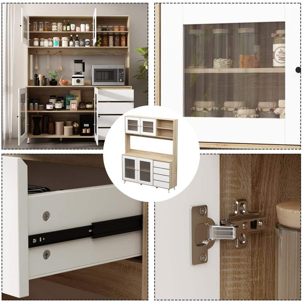 Light Brown Large Kitchen Pantry Cabinet Buffet with 4-Drawers, Hooks, Open Shelves and Glass Doors