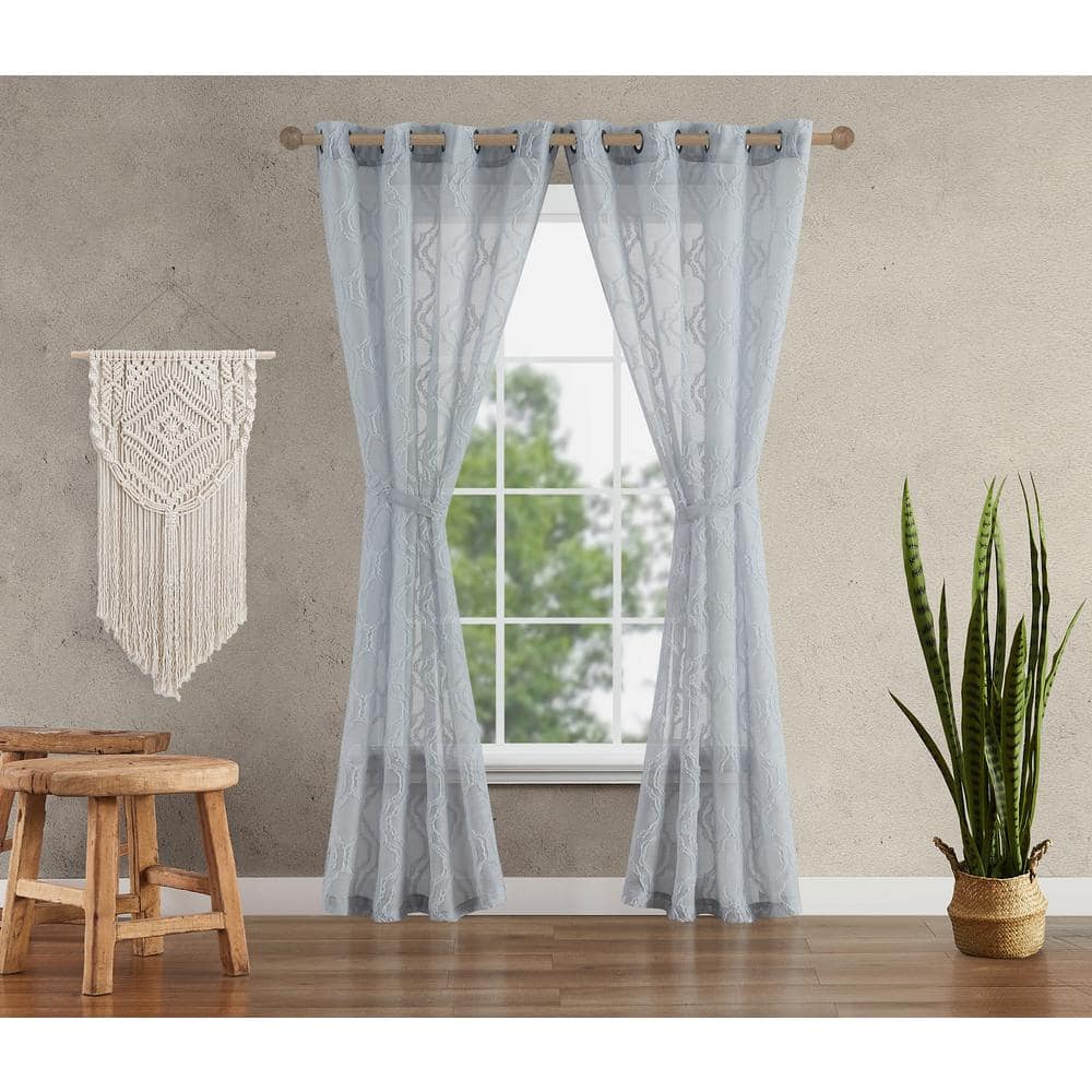 Everyn Embellished 52 in. W x 84 in. L Light Faux Linen Sheer Grommet Tiebacks Curtain in Grey (2-Panels)