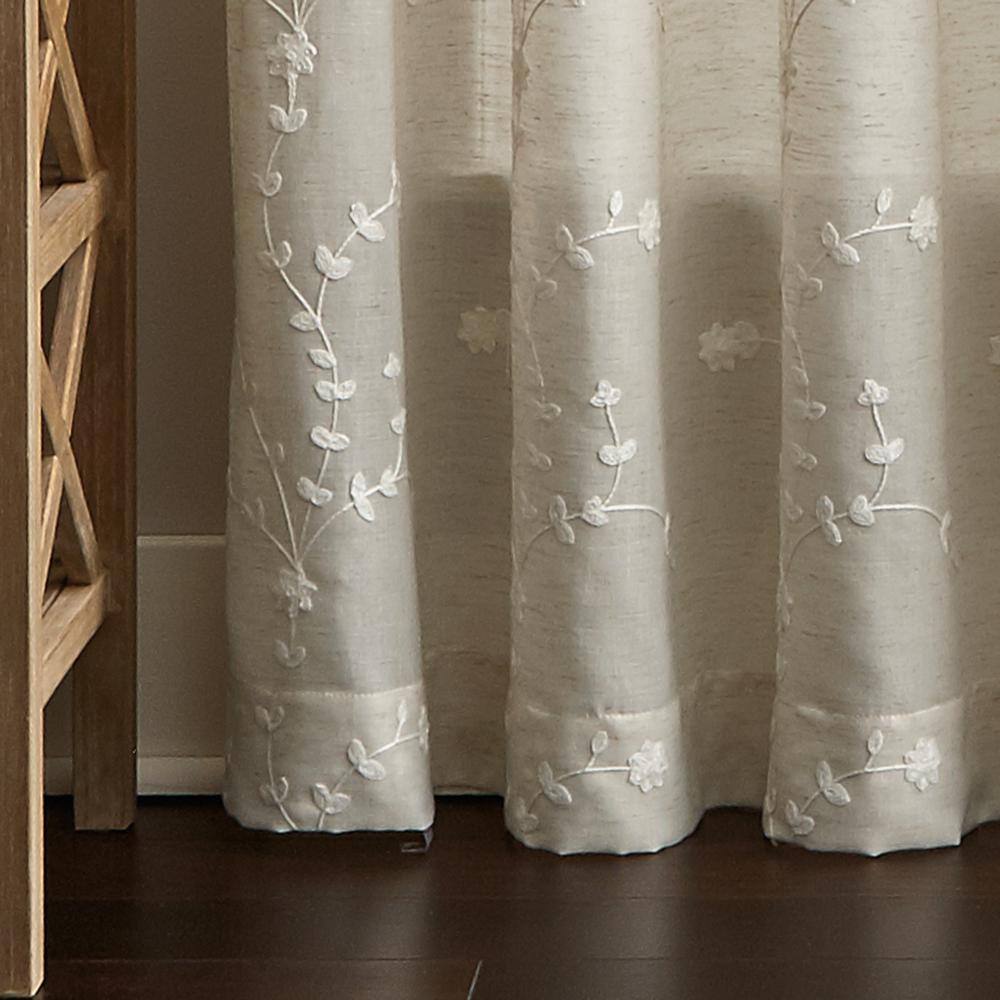 Linen Floral Embroidered Rod Pocket Sheer Curtain – 50 in. W x 95 in. L