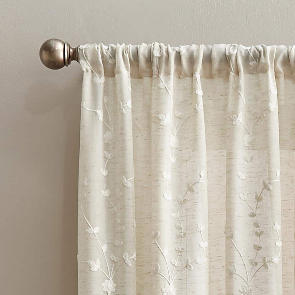 Linen Floral Embroidered Rod Pocket Sheer Curtain – 50 in. W x 95 in. L