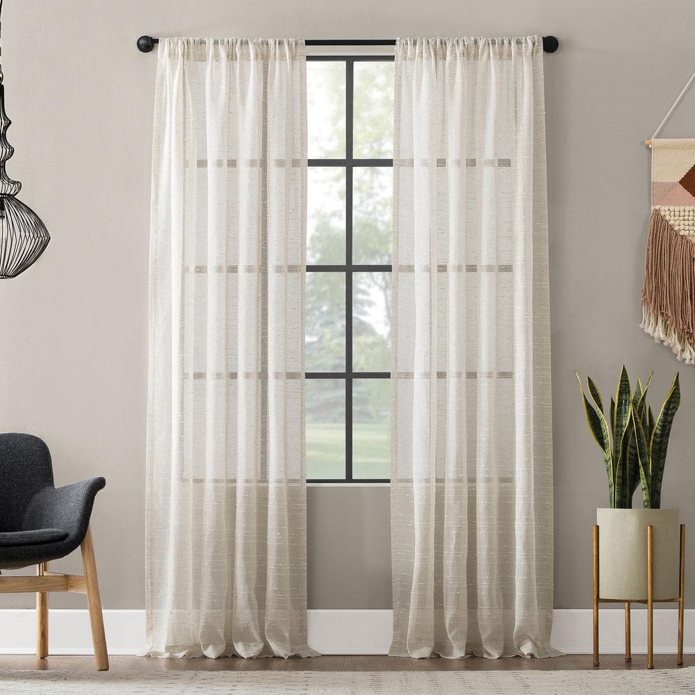 Aya Textured Slub Stripe Linen Blend Linen 95 in. L x 52 in. W Sheer Rod Pocket Curtain Panel