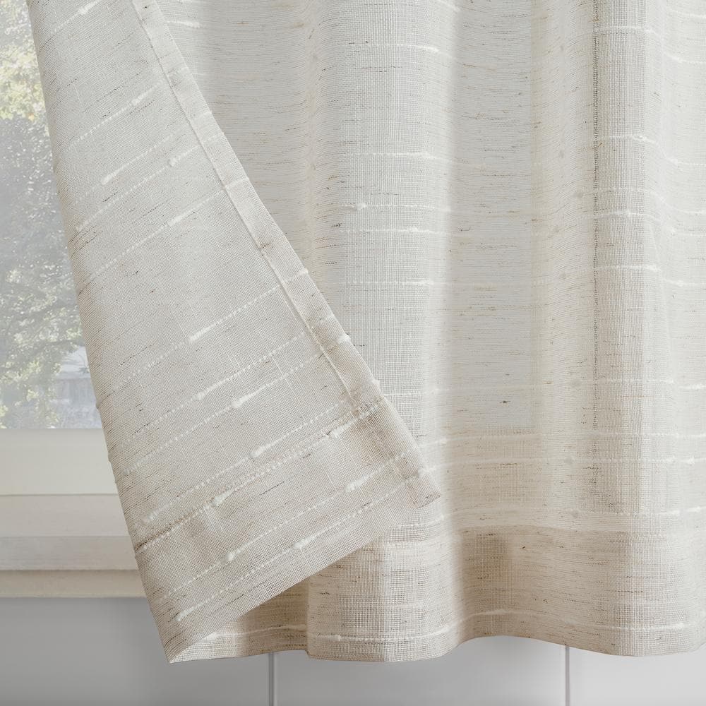 Aya Textured Slub Stripe Linen Blend 52 in. W x 24 in. L Sheer Rod Pocket Kitchen Curtain Tier Pair in Linen