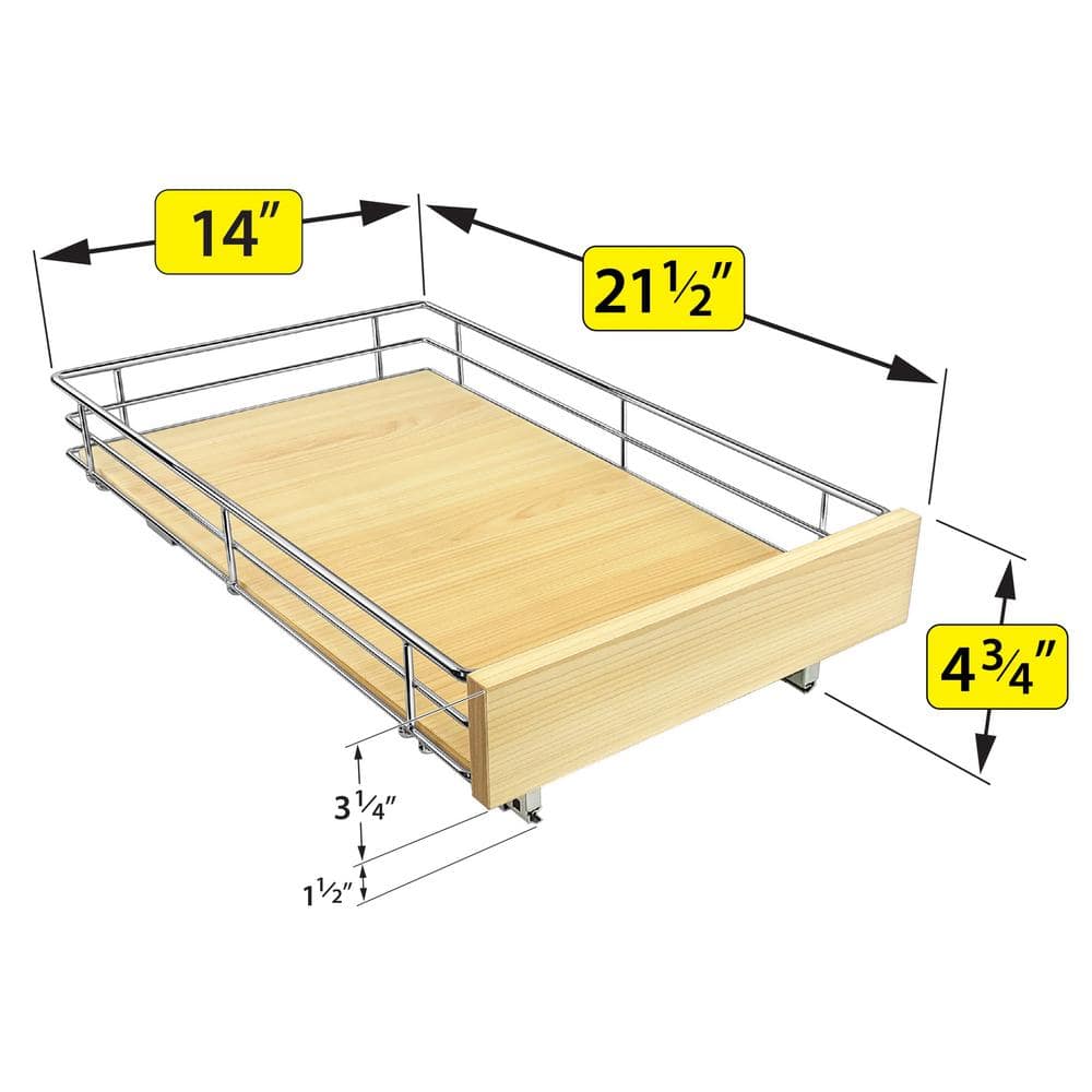 Slide Out Wood Cabinet Organizer – Pull Out Under Cabinet Sliding Shelf – 14 in. x 21 in. – Wood and Chrome