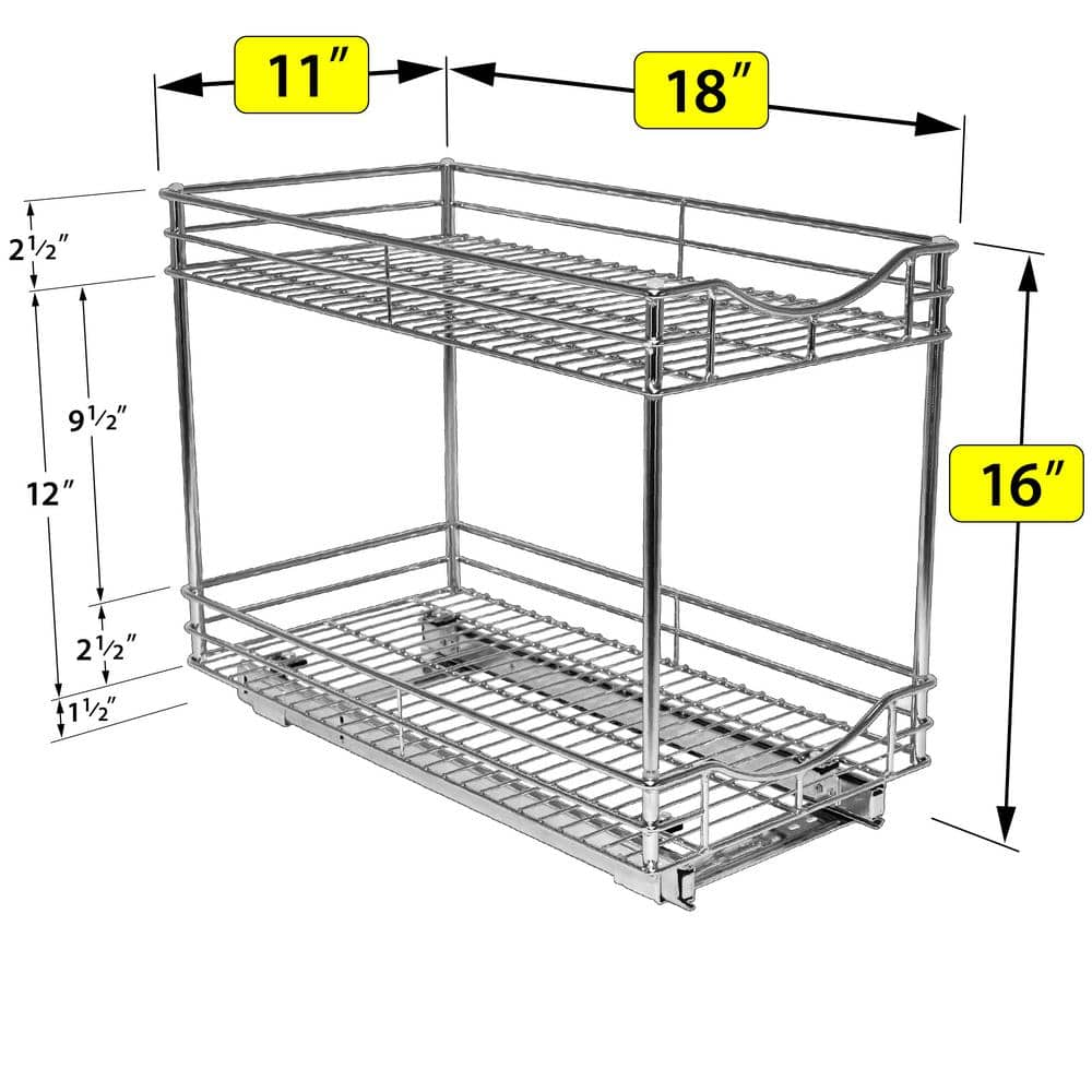 Slide Out Double Drawer – Pull Out Two Tier Sliding Under Cabinet Organizer – 11 in. Wide x 18 in. Deep – Chrome