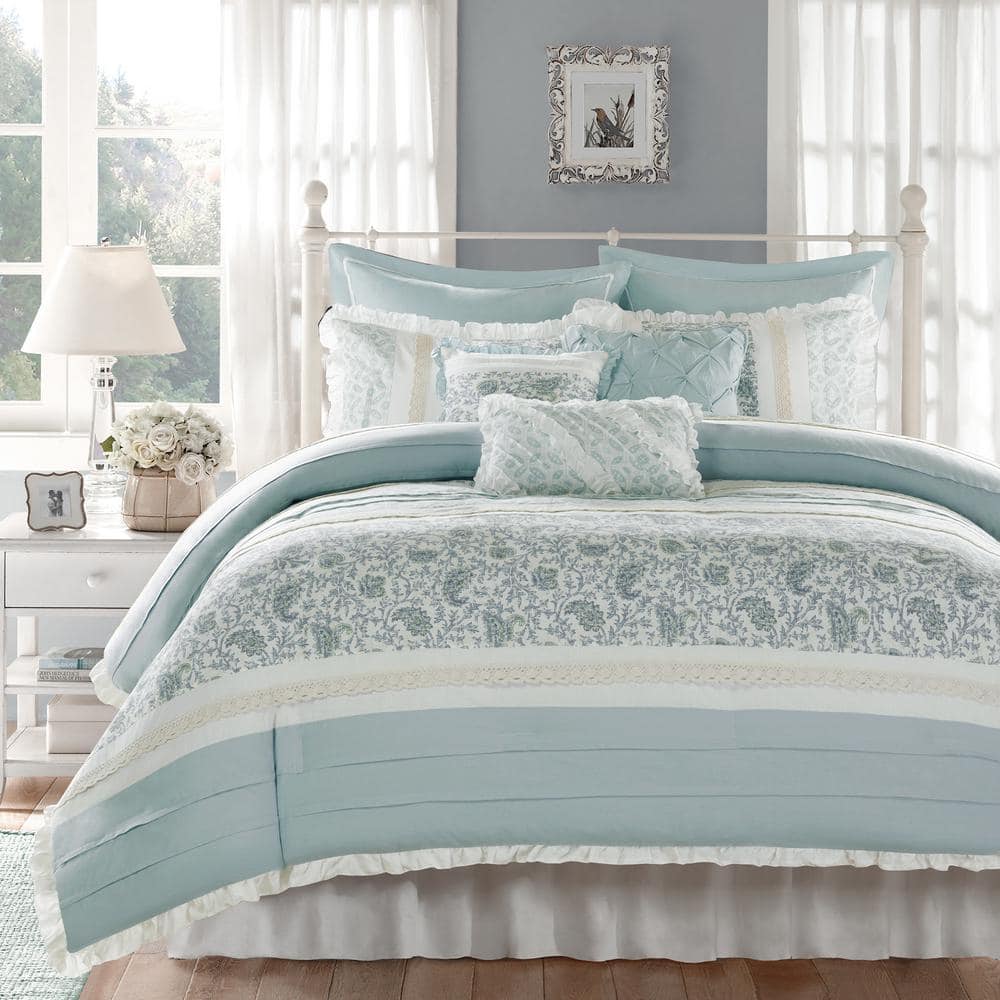 Vanessa 9-Piece Aqua Queen Cotton Percale Comforter Set