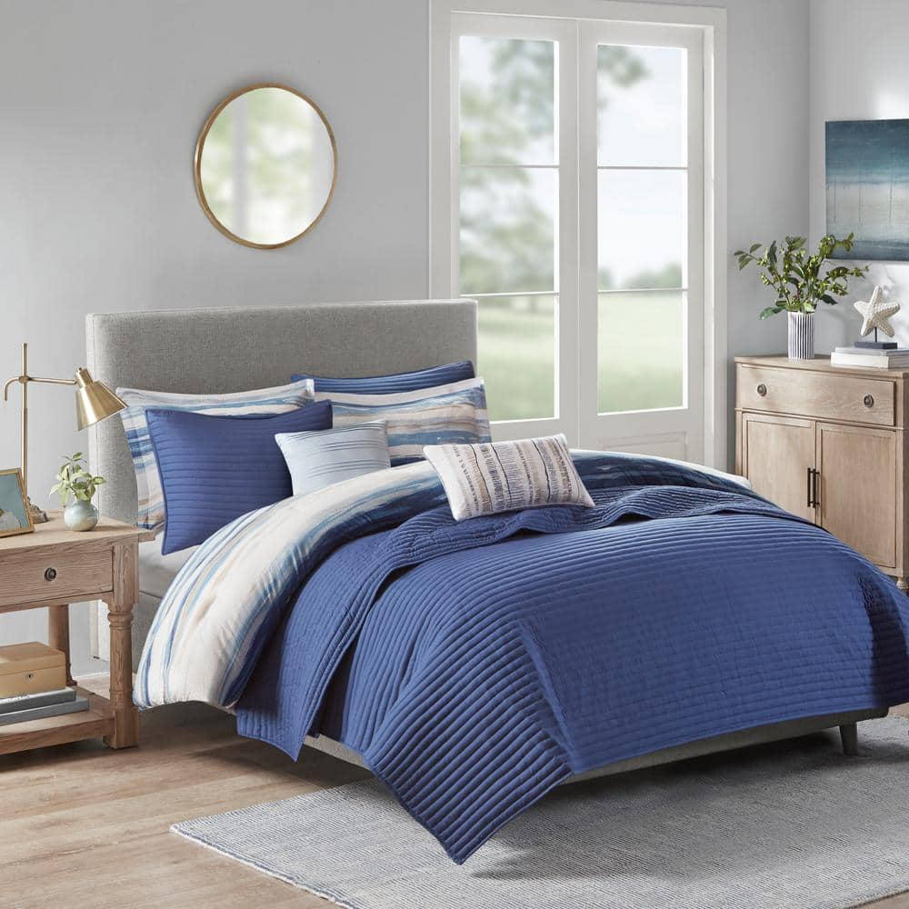 Anchorage 8-Piece Blue Full/Queen Polyester Printed Seersucker Comforter and Quilt Set Collection