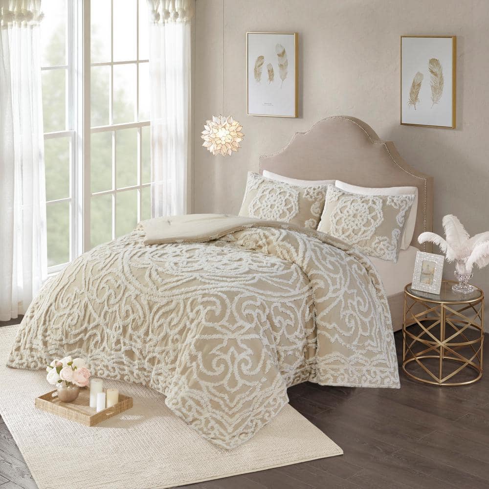 Virginia 3-Piece Taupe King/Cal King Tufted Cotton Chenille Medallion Comforter Set