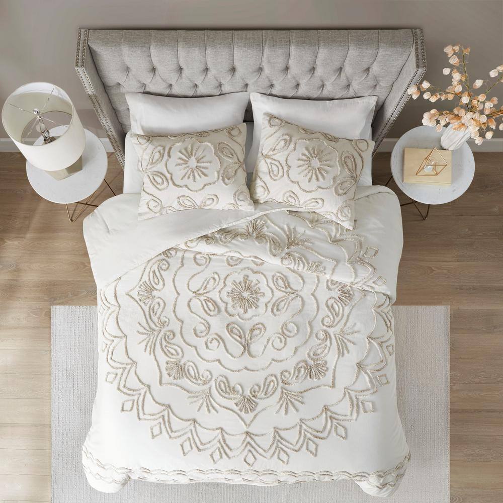 Juliana 3-Piece Ivory/Taupe King/Cal King Tufted Cotton Chenille Comforter Set