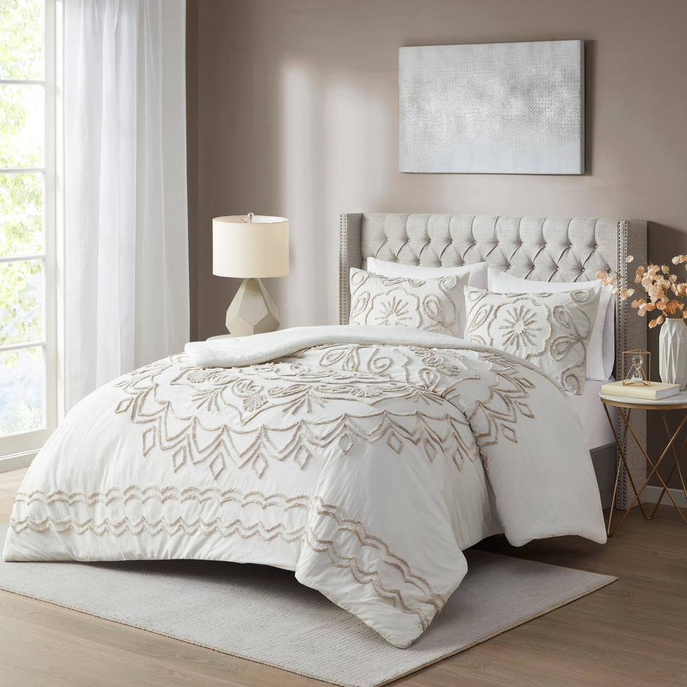 Juliana 3-Piece Ivory/Taupe King/Cal King Tufted Cotton Chenille Comforter Set