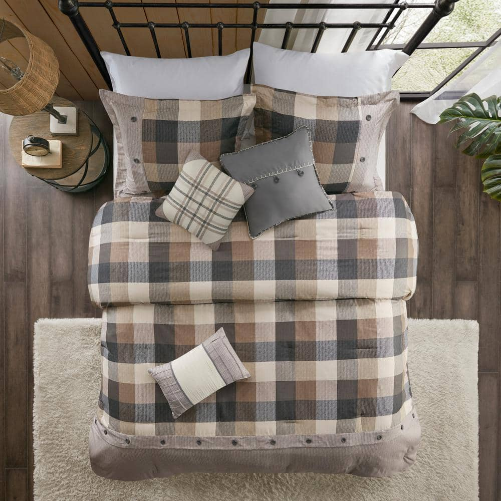 Pioneer 7-Piece Neutral Plaid Polyester Queen Herringbone Comforter Set